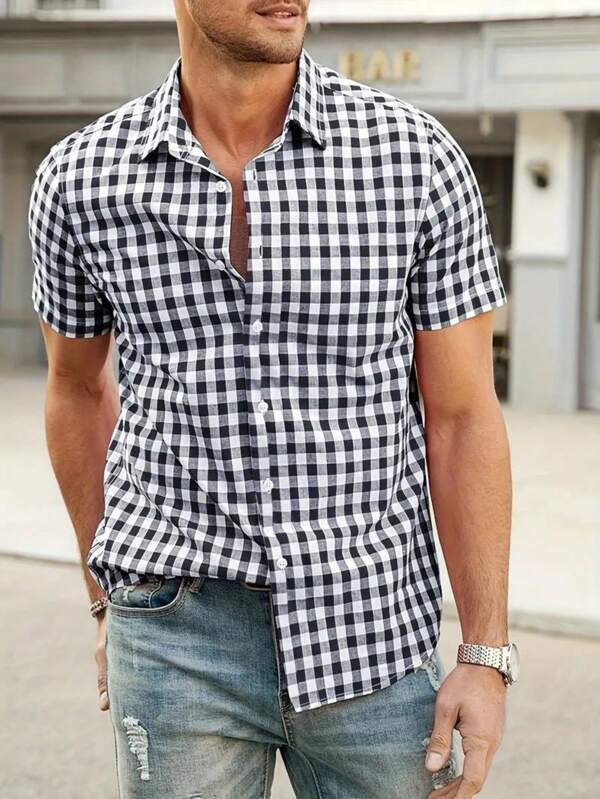 Manfinity Homme Camisa casual de manga corta a cuadros de verano para hombre