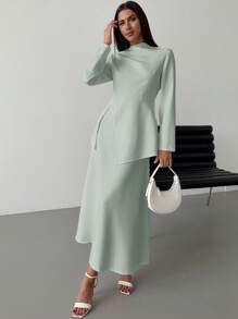 Firerie Bộ váy chữ A cạp cao thanh lịch tối giản thanh lịch tinh tế lãng mạn cho ngày đi làm của phụ nữ - Màu xanh Bạc hà - Xem 2