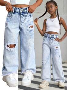 SHEIN Explorewe Young Girls' Light Blue Elastic Waist Ripped Distressed Raw Hem Simple Casual Loose Wide Leg Washed Denim Jeans, School, Campus, College - Light Wash - View 3