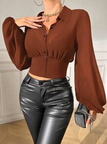 VaVaBold Women's Casual Solid Color Lantern Sleeve Cropped Shirt - Coffee Brown - View 1