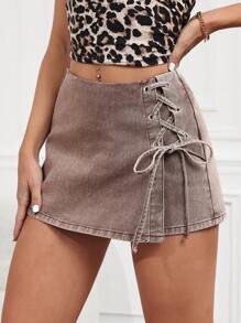SHEIN Tall Women's Distressed Denim Cross Strap Skirt Shorts - Coffee Brown - View 6