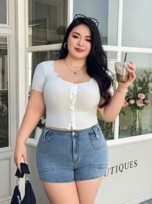 SHEIN EZwear Plus Size Fashionable Washed Slim Fit Denim Shorts For Summer