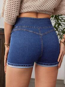 Breezaya Women's Casual Dark Wash Denim Mini Shorts With Zipper Detail And Button Closure - Dark Wash - View 6