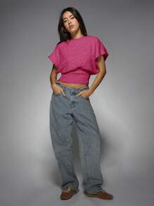 MISSGUIDED 针织短款蝙蝠袖上衣，腰部收紧，时尚休闲秋冬上衣，宽松肩部设计，适合春夏周末早午餐或日常穿着 - 玫紅色 - 查看 6