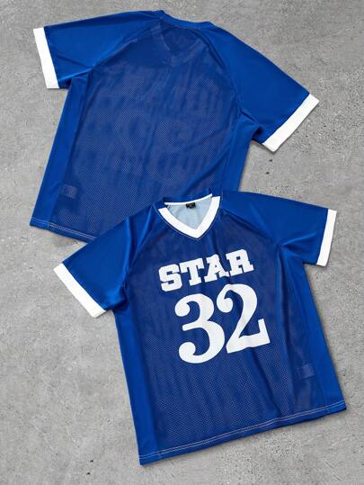 Manfinity EMRG Camiseta de manga corta de punto con malla de contraste para hombre Manfinity Streetrush, camiseta de manga corta de corte holgado con cuello en V, camiseta de manga corta con tela de malla azul y empalme, camiseta de cuello en V con estampado gráfico digital de eslogan simple, casual diario, deportes, regalos de vacaciones, rapero, artículo a juego de INS, ropa urbana, regalos para novio