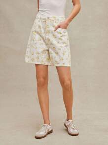 WESTFADE Quần short denim cao bồi miền Tây in hoa mùa xuân cạp cao đi biển mùa hè - trắng - Xem 5