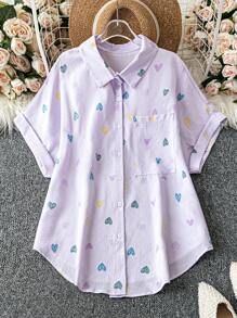 SHEIN LUNE 大码休闲心形印花蝙蝠袖衬衫 - 紫色 - 查看 1