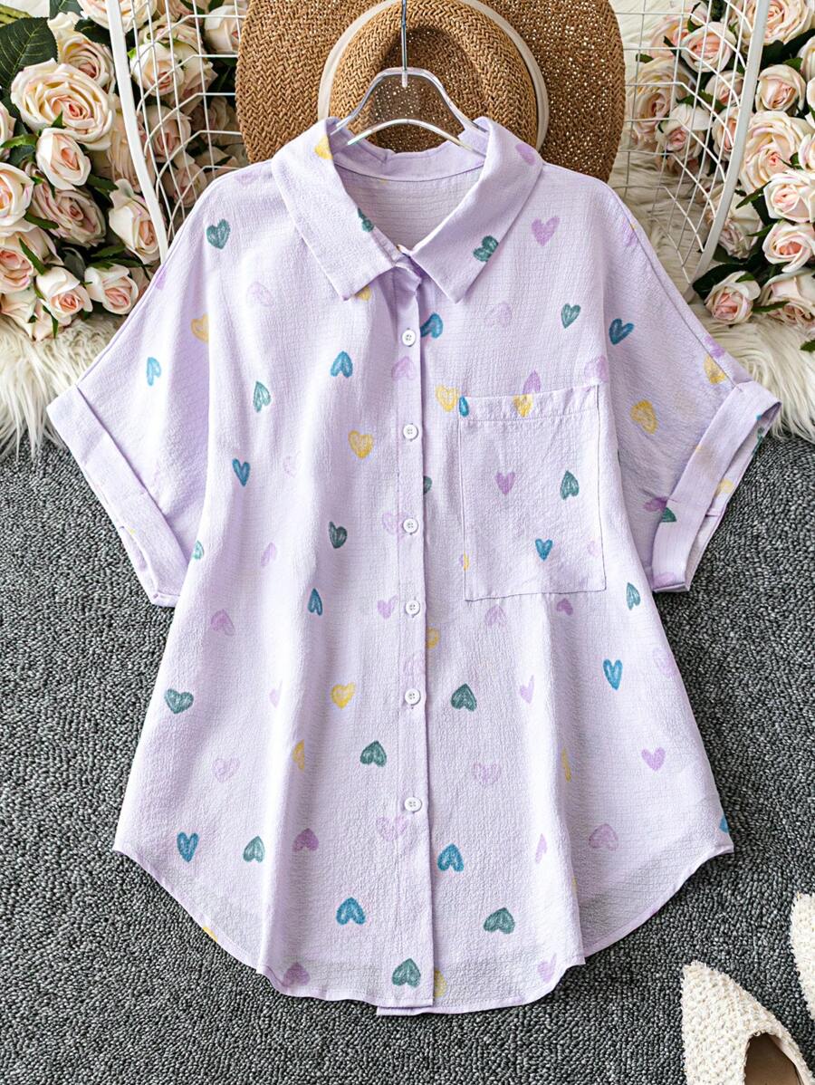 SHEIN LUNE 大码休闲心形印花蝙蝠袖衬衫 - 紫色 - 查看 1