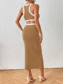 SHEIN PETITE 撞色绑带镂空开叉夏季连衣裙