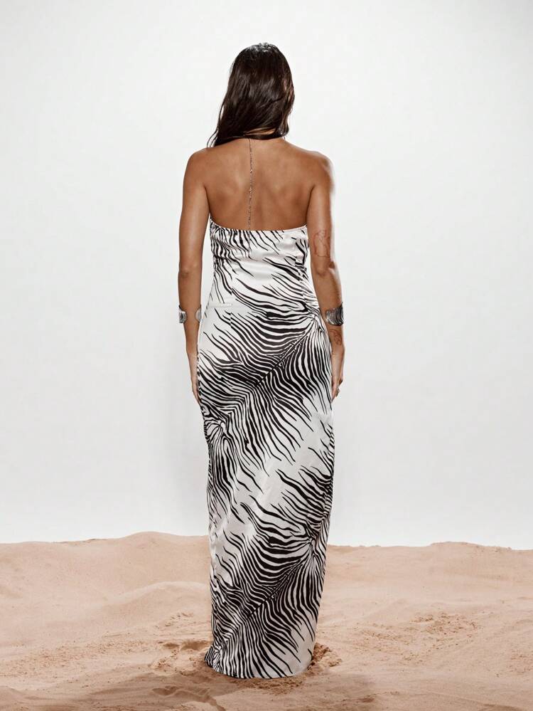 KIZN Zebra Print Halter Neck Maxi Dress Side Slit Empire Waist
