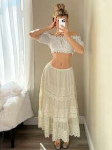 Sweetina Women's Boho Long Woven Fabric Skirt With Frill And Lace Details - Beige - View 1