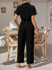 SHEIN Clasi 女士纯色短袖单排扣休闲连体裤 - 黑色 - 查看 2