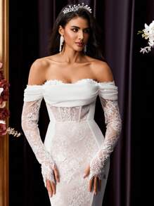 Glamrae Vestido de novia de cola de sirena con hombros descubiertos y encaje, con tren, para la novia