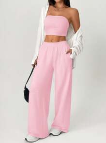 SHEIN PETITE Women's Solid Color Casual Trousers Two Pieces Set - Pink - View 6
