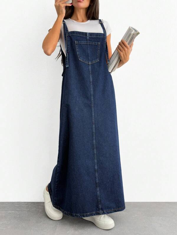 RueChic WOMEN LONG DENIM DRESS POCKET DETAILED