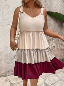 SHEIN LUNE Vestido suelto elegante, versátil y de uso diario para vacaciones, primavera/verano, de tela trenzada, con bloques de color contrastante, escote en V, tirantes finos, cintura con pliegues y efecto de rasgado en la Bottom, talla grande para mujer