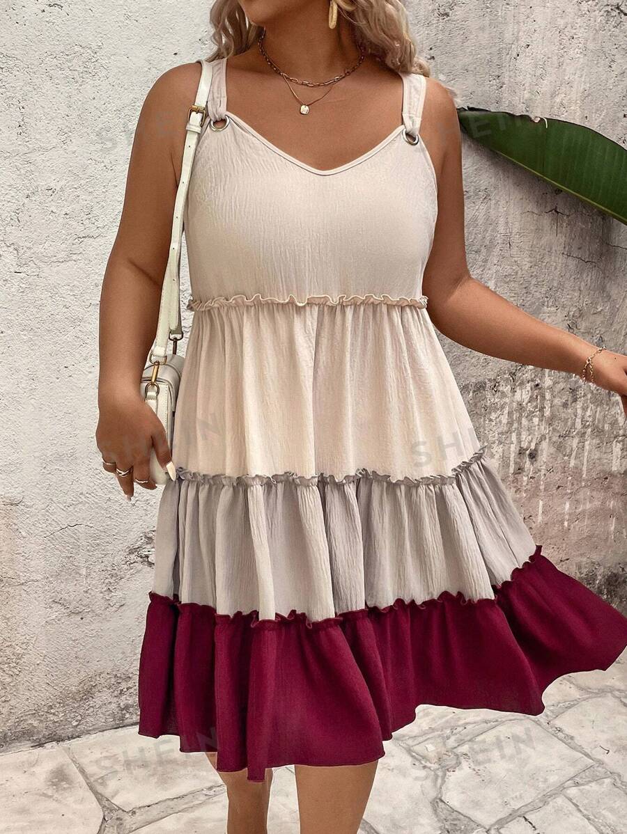SHEIN LUNE Vestido suelto elegante, versátil y de uso diario para vacaciones, primavera/verano, de tela trenzada, con bloques de color contrastante, escote en V, tirantes finos, cintura con pliegues y efecto de rasgado en la Bottom, talla grande para mujer
