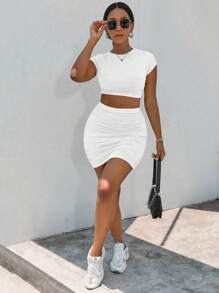 Zolique 2pcs Women Summer Casual Solid Color Round Neck Cropped Fitted T-Shirt And Bodycon Mini Skirt Set - White - View 8