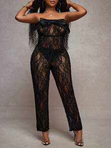 Slaydiva 女士性感透视蝴蝶结抹胸连体裤，情人节 - 黑色 - 查看 9