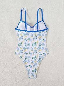 Swim Mod Women's Blue Ditsy Floral Wire Rim Spaghetti Strap One-Piece Swimsuit, Girls Style - Multicolor - View 8