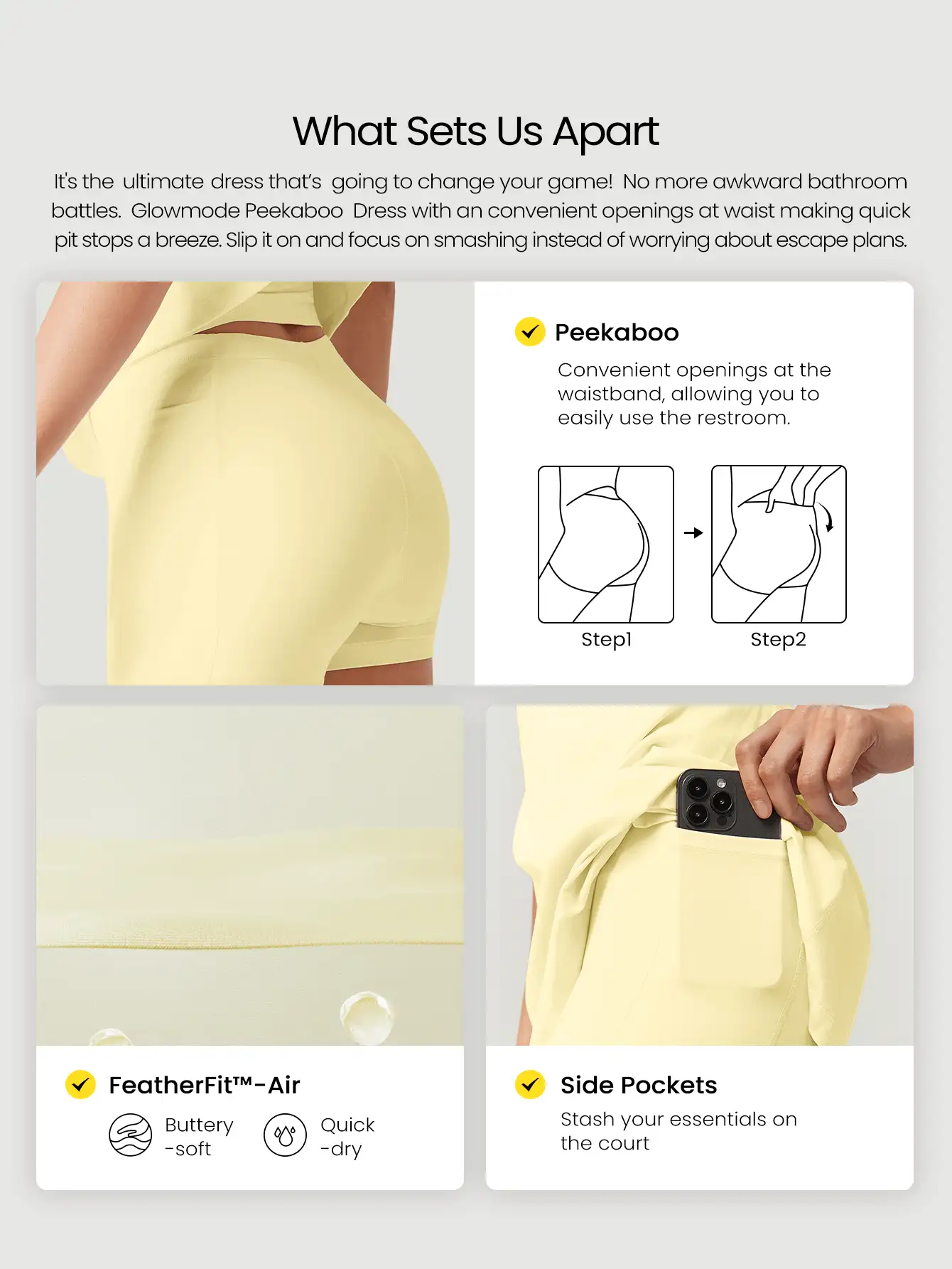 GLOWMODE FeatherFit™-Air Elevate A-Line Built-In Peekaboo Short Pocket Mini Slip Dress Low Impact Daily Summer Quick Dry Moisture Wicking
