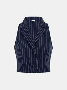 Girlism Teen Girls Back To School, Campus, Navy & White Striped Thin Blazer Top And Low Waist Suit Pants 2 Pieces Set