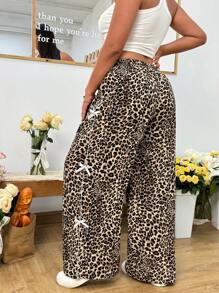SHEIN EZwear Plus Size Leopard Print Loose Straight Leg Casual Pants