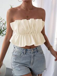 SHEIN Privé Top corto de verano de unicolor minimalista con volantes - Beis - Ver 5
