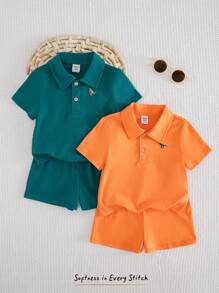 Cozy Pixies Baby Boy 4pcs Set: Contrast Color Knit Soft Polo Collar Short Sleeve Half-Button Pullover Top And Elastic Waist Shorts