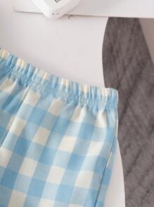 SHEIN Vintaside Kids 女婴夏季蓝色纹理无袖上衣和蓝色格子短裤套装，饰有蓝色蝴蝶结，休闲户外穿着必备 - 藍色 - 查看 4