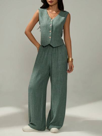 SHEIN PETITE Conjunto informal de 2 piezas de chaleco de un solo botonadura y pantalones de unicolor para mujer