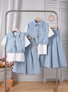 3件套：无袖领口袋背心+休闲T恤+阔腿休闲裤，适合少女日常穿着。兄弟姐妹装搭配服装，2套单独出售。 - 藍色 - 查看 1