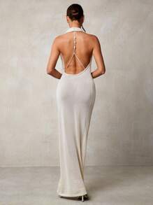 Glamine كنزة صوفية صوفية طويلة بياقة عالية وظهر مكشوف بأناقة وأسلوب عطلة نسائية للصيف - بيج - مشاهدة 5