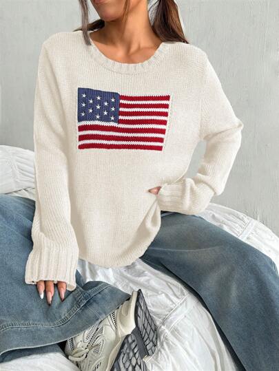 SHEIN Teen Girl Oversized Crew Neck Casual National Flag Pattern Blue Sweater, Suitable For New Year's Eve, Casual Sports English Graphic/Teen Girl Clothing/Versatile/Loose Fit/Back To School Season/Sporty/College/Retro