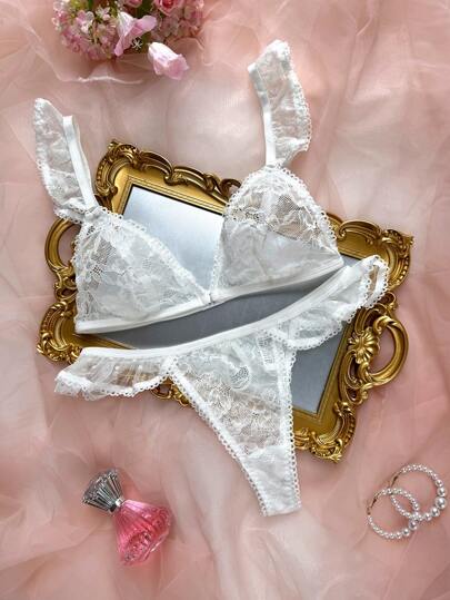 PetitDoll Set de 2 piezas de ropa interior sexy inalámbrica de encaje de unicolor, estilo Kawaii para mujeres