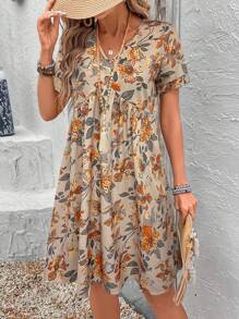 SHEIN LUNE Vestido curto casual feminino com estampa floral e decote em V e manga curta para férias - Damasco - Ver 6