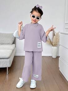 SHEIN Young Girl 2 Pieces Set: Woven Solid-Color Mock Neck Top And Ankle Length Pants - Purple - View 5