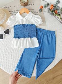 2pcs/Set Baby Girl Spring Summer Elegant Chiffon Mock-Neck Sleeveless Top & Wide-Leg Pants Outfit - Blue - View 1