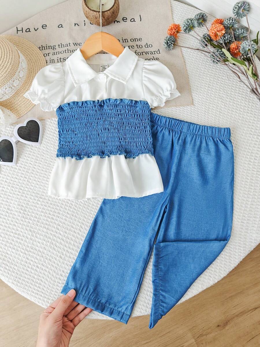 2pcs/Set Baby Girl Spring Summer Elegant Chiffon Mock-Neck Sleeveless Top & Wide-Leg Pants Outfit - Blue - View 1