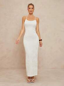 Lumalex Vestido ajustado con espalda al aire, cuello de camisa y textura perforada para mujeres