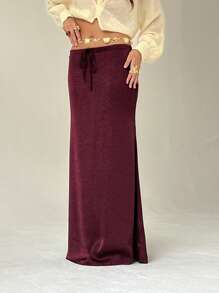 Aloruh Elegant Office Wear Low Waist Satin Pleat Detail Ankle-Length Skirt, Versatile, Dark Purple - Burgundy - View 3