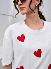 EURMUSE Casualowa koszulka z krótkim rękawem w kontrastowym kolorze z haftowanym sercem, lato