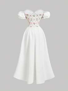 SHEIN MOD Vestido de lujo y soñador, romántico, con Top estilo corsé con volantes en cascada y lazo, hombros descubiertos, apropiado para citas, fiestas, vacaciones, té, cumpleaños, estilo retro palaciego
