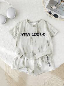 SHEIN 2pcs Set Baby Boy/Girl Casual Chic Korean Style Soft & Graphic Letter Print Tie Dye Shorts Set, Comfortable & Versatile For Spring/Summer - Khaki - View 6