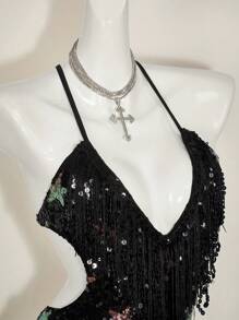 SHEIN ICON Y2K 90s Clothes Music  Festival Rave Deep V-Neck Pentagram Tassel Decor Backless Cross Strap Bodysuit