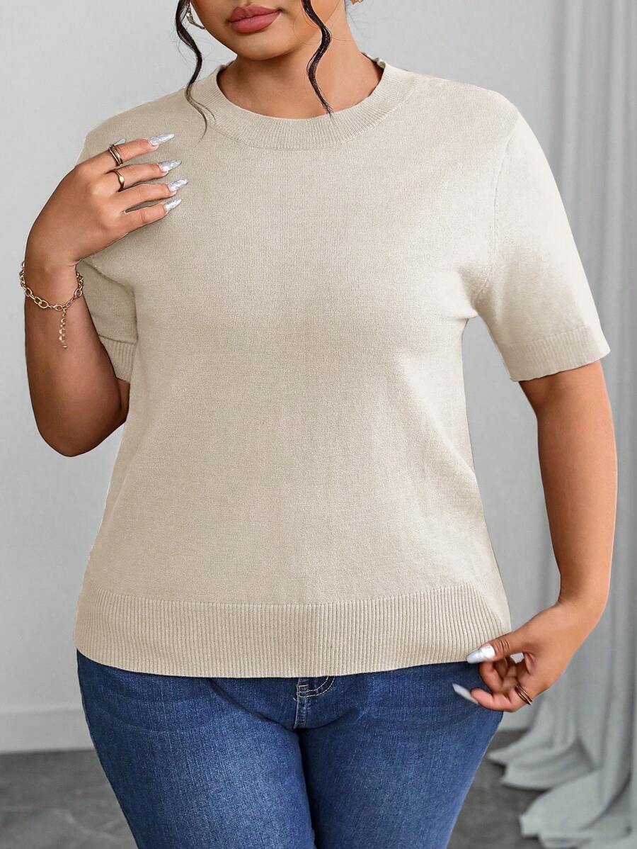 Vionelle 大码女式针织毛衣短袖圆领套头衫，宽松修身