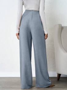 SHEIN Tall 100%Cotton Tall Women's Linen Beige Wide Leg Pants - Dusty Blue - View 2