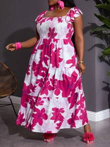 SHEIN CURVE+ Vestido holgado con estampado floral, volantes en el bajo y cinturón para vacaciones y ocio en tallas grandes, estilo bohemio