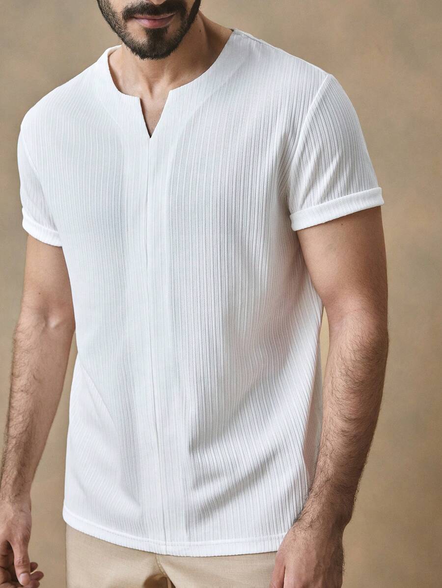 GENTILAND Men's Casual Knitted Jacquard Ribbed V-Neck Slim Fit Solid Short Sleeve T-Shirt - White - View 1
