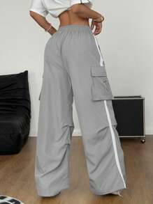 Coolane 女士夏季街头运动基本款翻盖口袋侧抽绳腰部降落伞灰色工装裤 - 灰色 - 查看 5